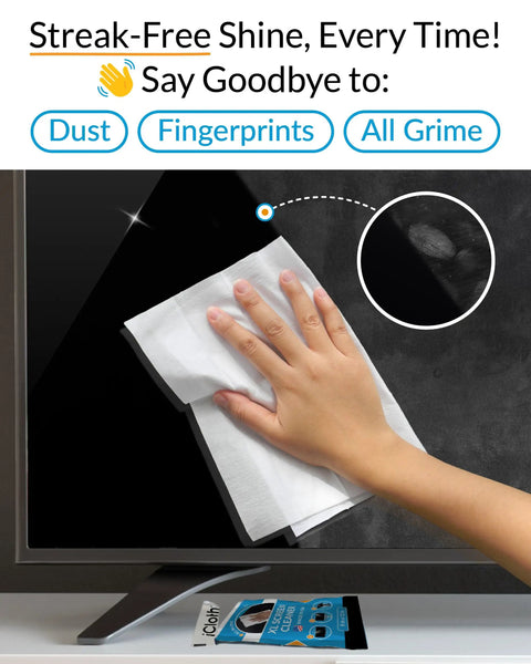Person cleaning TV screen with XL Screen Cleaning Wipes For TVs And Monitors, Streak Free And Fast Drying, Deionized Water Formula