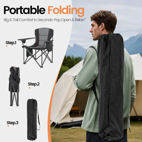 Two Pack Heavy Duty Oversized Camping Chairs for Adults Up to 400 lb Capacity with Lumbar Support Folding Chairs in carry bag