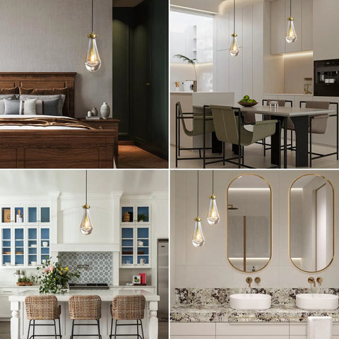 Brass Raindrop Pendant Light Fixture For Kitchen Island And Dining Room, Glass Drop Chandelier, E12 LED Bulb Included in bedroom