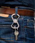 Dual Bottle Opener And SBiner Carabiner Combo in stainless steel attached to belt with keys