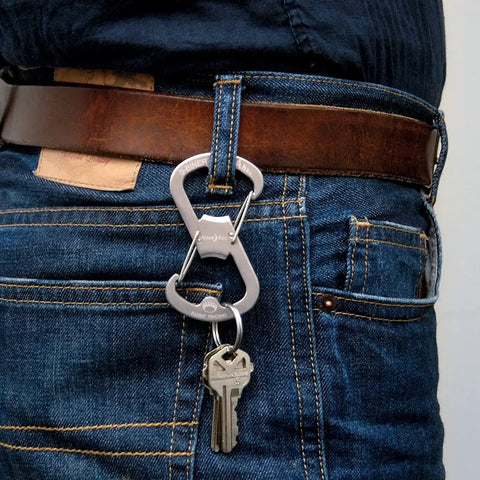 Dual Bottle Opener And SBiner Carabiner Combo in stainless steel attached to belt with keys