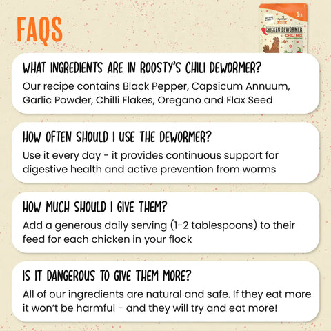 Natural Chicken De-wormer Chili Mix for Healthy Flocks and Happy Eggs 16oz FAQ page with ingredient and usage info.