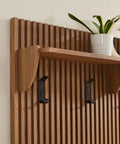 Detail of Mid Century Modern Fluted Walnut Wall Mount Coat Rack Panel With Roomy Shelf And Hella Sturdy Hooks for storage.