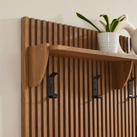 Detail of Mid Century Modern Fluted Walnut Wall Mount Coat Rack Panel With Roomy Shelf And Hella Sturdy Hooks for storage.