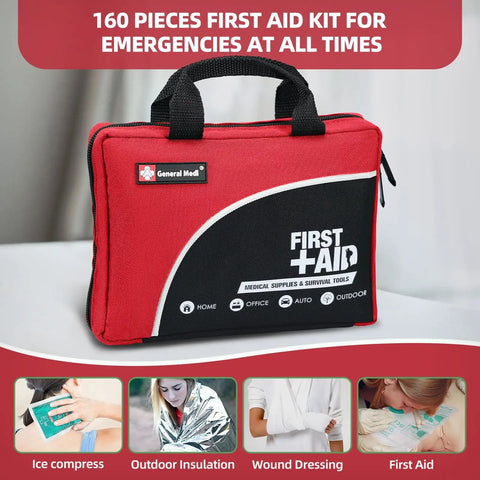 Must Have 160 Piece First Aid Kit With Ice Pack Emergency Blanket And Moleskin Pad Ultra Lightweight Travel Ready Set For Home Office Car Camping And Workplace Safety ISO Certified Red