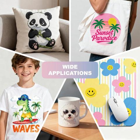 Top Notch Sublimation Paper 8.5x11 Inch, showcasing designs on pillow, tote, T-shirt, mug, and mouse pad