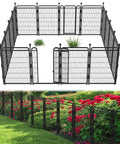 Beefy Iron No Dig Garden Fence System With 16 Panels Spanning 34 Point 7 Feet And 40 Inch High Includes 2 Gates Anti Dig Gravity Lock Indoor Outdoor Dog Fence For Yard RV Camping Black, shown in garden setting with flowers.
