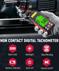 Non Contact RPM Tachometer With Reflection Tape, 10-99999 RPM Laser Digital Tachometer With Large LCD, Backlight, Data Hold, And Max Min Avg Readouts For Engines, Machines, DIY Projects. Handheld laser tachometer measuring motor shaft RPM.