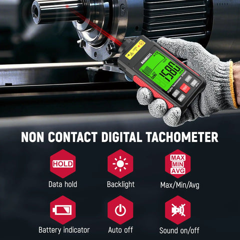 Non Contact RPM Tachometer With Reflection Tape, 10-99999 RPM Laser Digital Tachometer With Large LCD, Backlight, Data Hold, And Max Min Avg Readouts For Engines, Machines, DIY Projects. Handheld laser tachometer measuring motor shaft RPM.