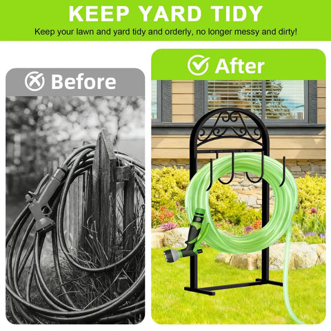 Garden Hose Holder Stand Rustproof Freestanding Heavy Duty With Beefy Metal Frame And Hanger For Outdoor Yard Storage in use