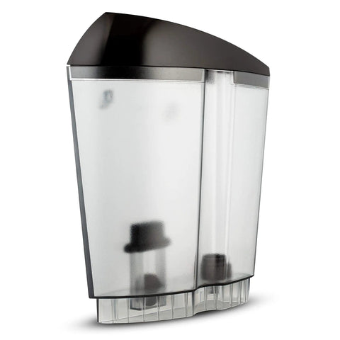 Front view of Upsized 48 Oz Replacement Water Reservoir for Classic Coffee Makers with black lid and clear body.
