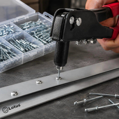 Lotus 100 Piece Assorted Rivet Set Pro Grade Built Tough Aluminum Blind Rivets With Steel Shank Pop Rivets Kit In Handy Storage Case For Hand And Air Riveters Lot S5100, hand riveter installing aluminum blind rivet
