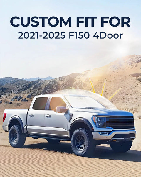 Ford F-150 Four-Door Privacy Window Shade Set For 2021-2025 shown on truck in desert