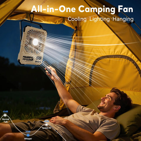 Person using remote control for Portable 6 Inch Folding Fan With 20000mAh Battery Built-In Power Bank LED Light in camping tent