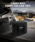Carry bag for Portable Level 1 and 2 EV Charger With 25ft Cable, 16A, 110-240V, Adjustable Current visible in car trunk.