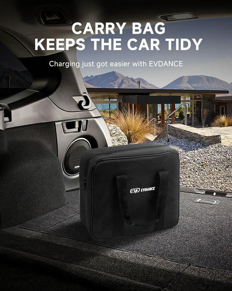 Carry bag for Portable Level 1 and 2 EV Charger With 25ft Cable, 16A, 110-240V, Adjustable Current visible in car trunk.