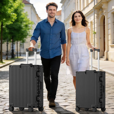 Faqy Z 20-inch carry-on suitcase; two black aluminum-frame ribbed hard-shell luggage with spinner wheels