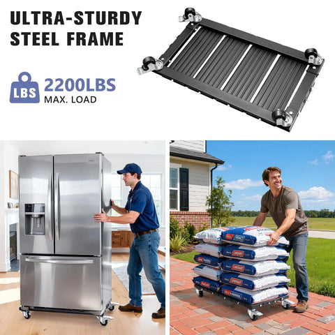 KEDSUM 2200 Lbs Heavy Duty Furniture Dolly with thick steel frame, transporting a refrigerator and moving bags outside.