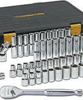 Half Inch Drive Mechanics Tool Set 49 Piece 120XP with standard and deep sockets, case, and ratchet displayed on white background.