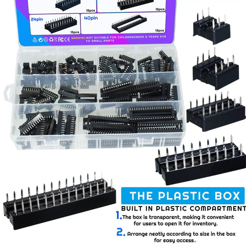 155 Piece Dip IC Socket Kit With 2.54mm Pitch Solder Type Adapters in Eight Sizes displayed in a transparent grid storage box