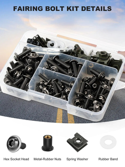 Pro Grade Motorcycle Fairing Bolt Kit Titanium Stainless Steel Universal Sportbike Fasteners M5 M6 Hardware Upgrade showing hex bolts and nuts.