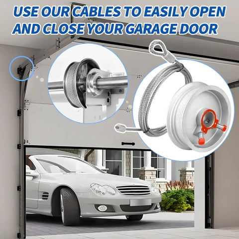 Heavy Duty 8 Ft 6 In Garage Door Cables For 7 Ft Doors, Torsion Spring Replacement Drums shown with open garage and car