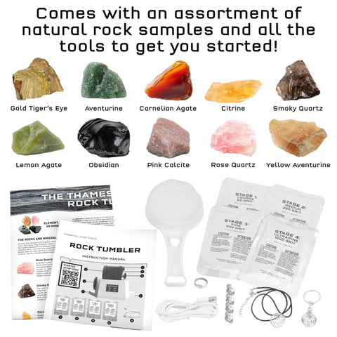 Kids Rock Tumbler Kit With Built In Timer, Leak Proof Noise Reducing Barrel, showing natural rocks and polishing accessories