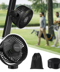 Keep Your Golf Cart Chill On The Road With This Rechargeable Magnetic Fan Featuring 12000 Mah Battery 3 Speed Settings And Bright LED Lantern Light For Smooth Cruising Vibes, mounted on a golf cart.