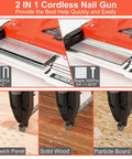 Cordless 20V 18 Gauge Brad Nailer Dual Mode Nail Gun for DIY pros and home renovations showing nails and staples on wood surfaces.