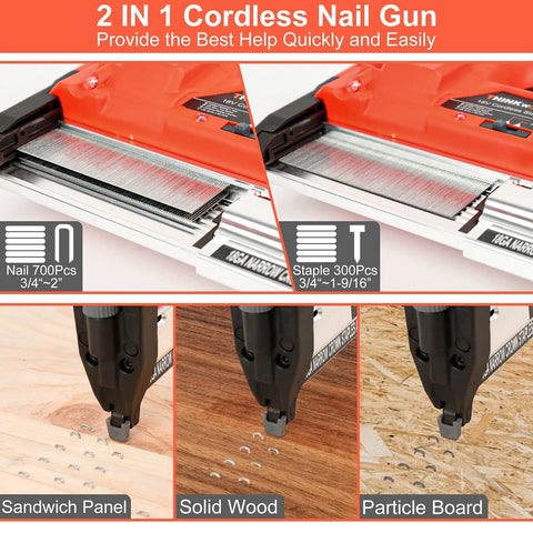 Cordless 20V 18 Gauge Brad Nailer Dual Mode Nail Gun for DIY pros and home renovations showing nails and staples on wood surfaces.