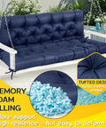Blue Memory Foam Porch Swing Cushion For Outdoor Patio 60 Inch By 40 Inch Two To Three Seater With Headrest on white swing bench