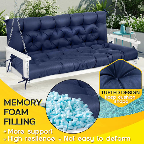 Blue Memory Foam Porch Swing Cushion For Outdoor Patio 60 Inch By 40 Inch Two To Three Seater With Headrest on white swing bench