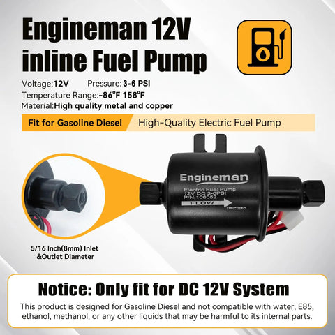 Beefy 12V Electric Fuel Pump Universal Transfer Pump Low Pressure 3 To 6 PSI for Gas and Diesel Engines with fittings