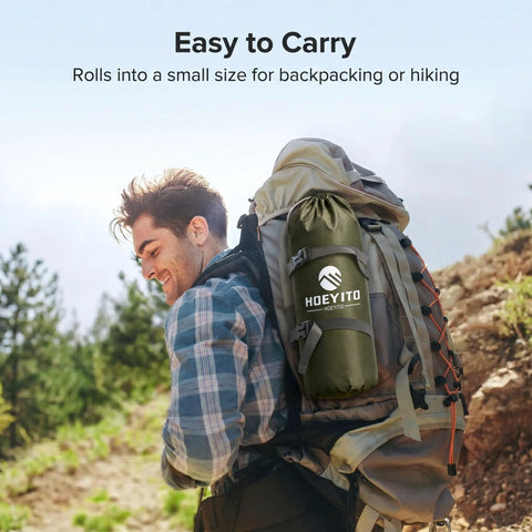 Hiker carrying a backpack with 17x10 Ft Heavy Duty Camping Tarp Rain Fly With PU6000mm Waterproof Coating in pouch, outdoor scenery