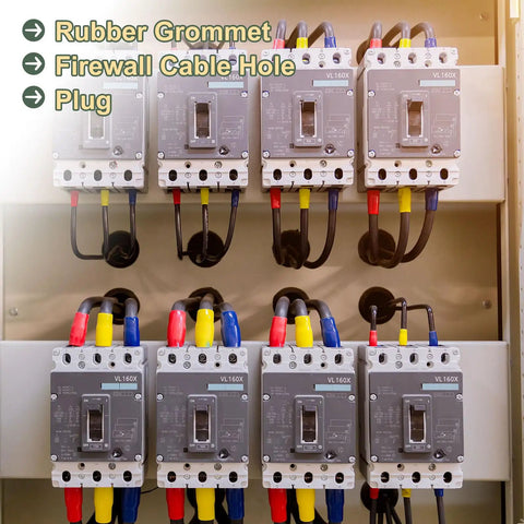 Image showing electrical panel with 30Pcs Rubber Grommets For One Quarter Inch Inner Diameter And Three Eighth Inch Drill Holes