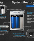 Heavy Duty Four Stage Tankless Reverse Osmosis Water Filter System Delivers 1000 GPD High Flow For Restaurants on wheels with gauges and filters.