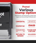 Top Shelf Self Inking Rubber Stamp For Accounting And Notary Files Durable Confidential Office Essential With Instant Red Ink showing various stamp options.