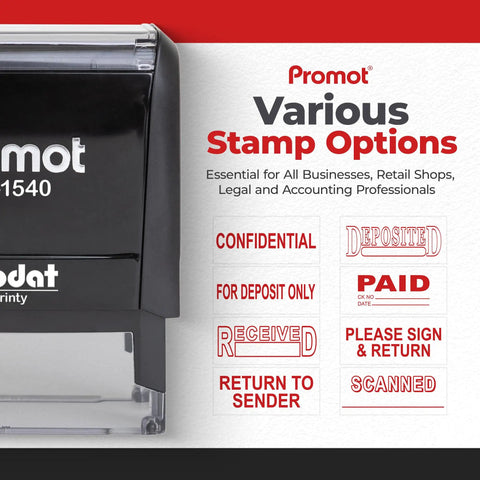 Top Shelf Self Inking Rubber Stamp For Accounting And Notary Files Durable Confidential Office Essential With Instant Red Ink showing various stamp options.