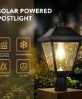 Sun Powered Dusk To Dawn Solar Post Light with Base, bright LED outdoor lamp illuminating garden at night, weatherproof design.