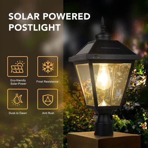 Sun Powered Dusk To Dawn Solar Post Light with Base, bright LED outdoor lamp illuminating garden at night, weatherproof design.