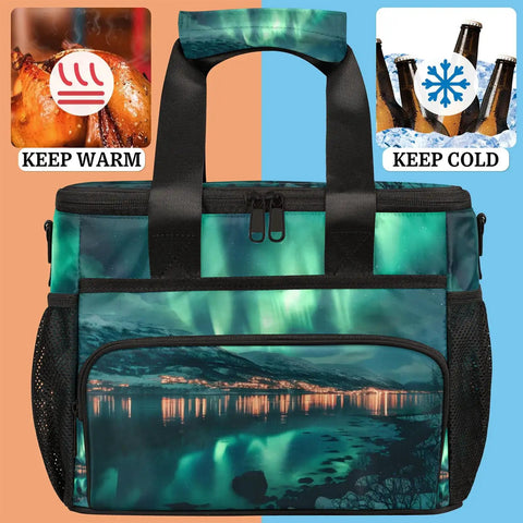 Insulated Picnic Backpack Lunch Bag For Women And Men, Large 12x9x10 Inch Tote with nature print, hot and cold icons