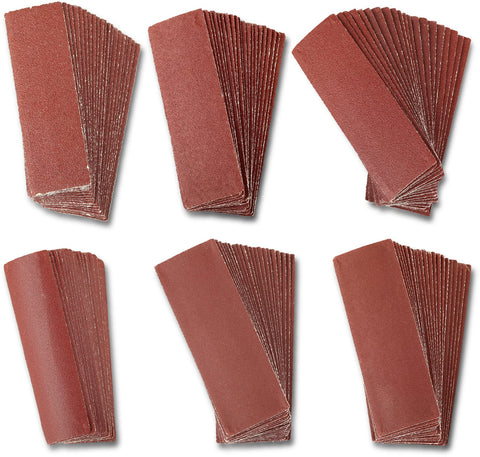 Micro Sander Kit With 120 Sheets Of Sandpaper In 3.5 By 1.2 Inches Six Grits From 80 To 600 For Wood Finishing And Detail Polishing Diy Projects Sand Rough To Fine For A Smooth Pro Grade Finish showing six stacks of sandpapers.