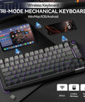 Hella Smooth Tri Mode Wireless Mechanical Keyboard With Smart Lcd Panel And Twist Knob Compact Seventy Five Design, showcasing devices and RGB lighting.