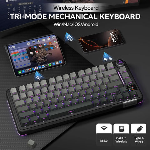 Hella Smooth Tri Mode Wireless Mechanical Keyboard With Smart Lcd Panel And Twist Knob Compact Seventy Five Design, showcasing devices and RGB lighting.