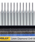 Front view of Drilax 30-piece 1mm diamond drill bits set with 1/8 inch shank in a black case.