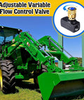 Image of a tractor with an adjustable variable 3/8 Inch NPT Hydraulic Flow Control Needle Valve featuring bidirectional flow and shutoff.