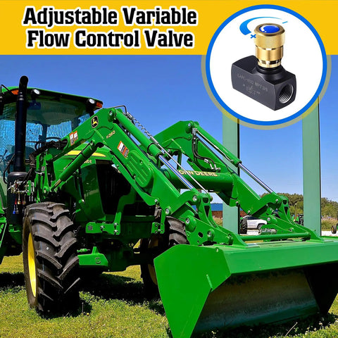 Image of a tractor with an adjustable variable 3/8 Inch NPT Hydraulic Flow Control Needle Valve featuring bidirectional flow and shutoff.