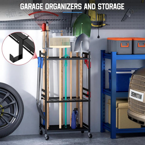 Rolling Garden Tool Organizer On Wheels With Mega Capacity holds up to 35 long handled tools, metal rack in garage setting.