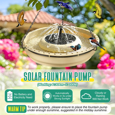 Large Solar Powered Bird Bath Fountain Kit With Four Spray Nozzles For Hummingbirds 1.67 Gallon Hanging Bath Bowl in use outdoors