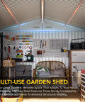 Interior view of the Big Beefy 10x12x7.4Ft Outdoor Storage Shed with organized tools, furniture, and metal walls.